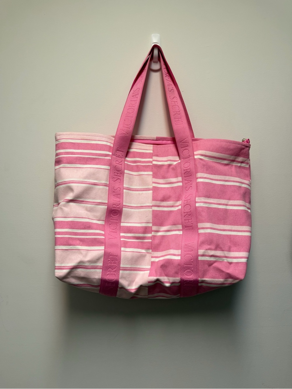Victoria's Secret Pink and White Striped Canvas Tote with Logo Straps